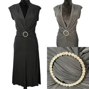 Bisou Bisou Black Sleeveless Dress Ruched V-Neck Rhinestone Asymmetrical Hi Low